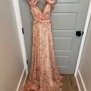 Mac Duggal Floral Peach Maxi Dress